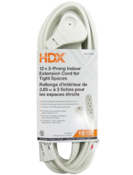 HDX 12 ft. 16 Gauge 13 Amps Indoor Light Duty 3-Prong Extension Cord for Tight Spaces, White